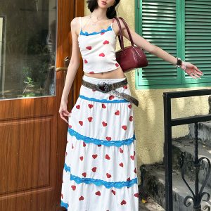 Eccentric Girl Sweet and Salty Heart Print Lace Splicing Camisole and Low Waist Skirt Set for Vacation - Y2K Style