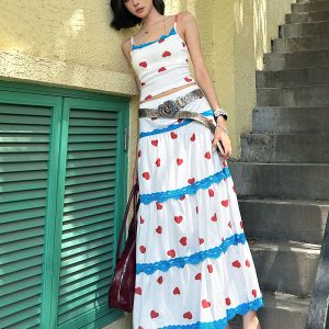 Eccentric Girl Sweet and Salty Heart Print Lace Splicing Camisole and Low Waist Skirt Set for Vacation - Y2K Style