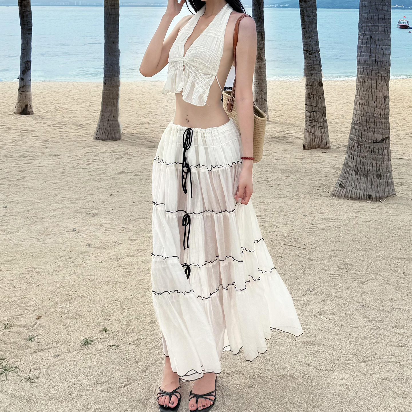 Eccentric Sexy Girl Back Strap Top with Revealing Design and Pleated Slim-Fit Skirt Set - Y2K Fashion Style