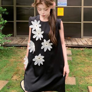 Elegant Black A-Line Dress with 3D Floral Design for Women, Summer 2025 French Style, Small Size, Chic and Sophisticated Fashion