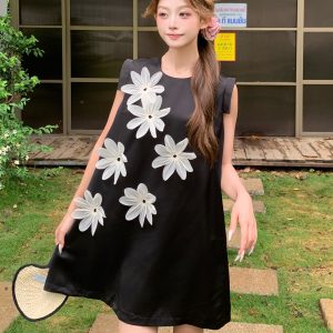 Elegant Black A-Line Dress with 3D Floral Design for Women, Summer 2025 French Style, Small Size, Chic and Sophisticated Fashion