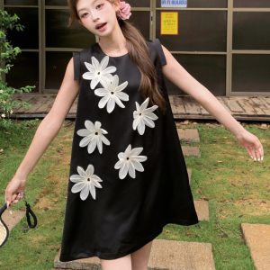 Elegant Black A-Line Dress with 3D Floral Design for Women, Summer 2025 French Style, Small Size, Chic and Sophisticated Fashion