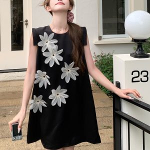 Elegant Black A-Line Dress with 3D Floral Design for Women, Summer 2025 French Style, Small Size, Chic and Sophisticated Fashion