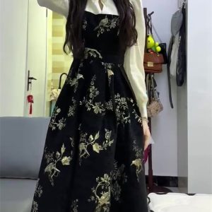 Elegant Black Faux Two-Piece Dress for Women, Chinese-Style, Autumn Winter 2023, High-End Quality, Slimming Long Dress