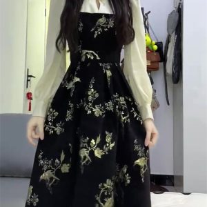 Elegant Black Faux Two-Piece Dress for Women, Chinese-Style, Autumn Winter 2023, High-End Quality, Slimming Long Dress