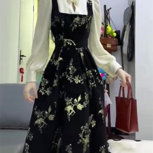 Elegant Black Faux Two-Piece Dress for Women, Chinese-Style, Autumn Winter 2023, High-End Quality, Slimming Long Dress
