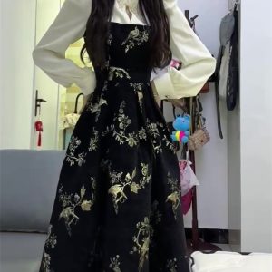 Elegant Black Faux Two-Piece Dress for Women, Chinese-Style, Autumn Winter 2023, High-End Quality, Slimming Long Dress