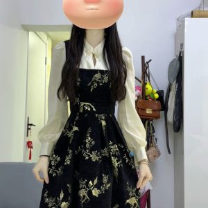 Elegant Black Faux Two-Piece Dress for Women, Chinese-Style, Autumn Winter 2023, High-End Quality, Slimming Long Dress