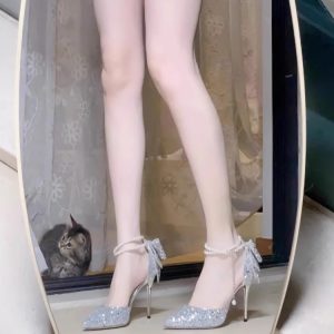 Elegant Black High-Heeled Shoes for Women, 2024 Thin Heel One-Strap Buckle Design, Chic Party Dress Footwear, High-End Style