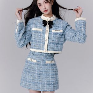 Elegant Blue Little Chanel Style Skirt Set with Satin and Boucle Coat - Classic Aristocrat Fashion for a Chic Look