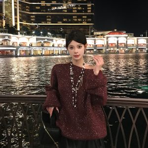 Elegant Bordeaux Red Off-Shoulder Sweater with Heavy Sequins and Embroidery - Chic Evening Wear for 90s and Y2K Styles
