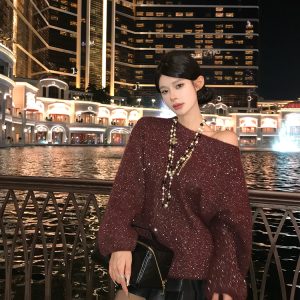 Elegant Bordeaux Red Off-Shoulder Sweater with Heavy Sequins and Embroidery - Chic Evening Wear for 90s and Y2K Styles