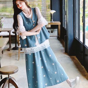 Elegant Embroidered Denim Vest Set Dress for Women - Versatile 3-Piece T-Shirt and Skirt Outfit for Summer 2025 Fashion