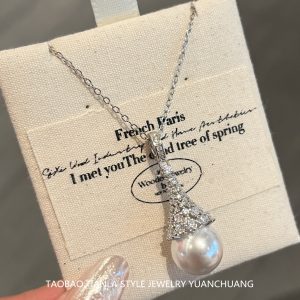 Elegant Flashing Diamond Snow Tower Pearl Necklace for Women, Pure Silver Collarbone Chain, Light Luxury, Exquisite Design