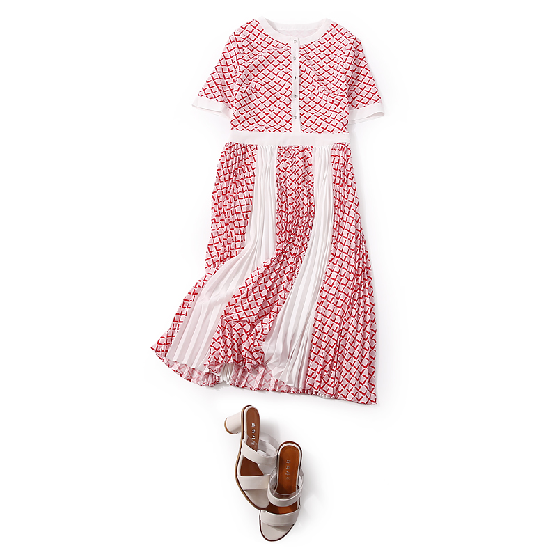Elegant Floral Color Block Spliced Pleated Dress - Summer Casual Round Neck Fashion Inspired by European Styles