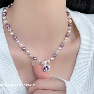 Elegant French Purple Square Sugar Pearl Necklace - Luxurious High-End Clavicle Chain for Versatile Style