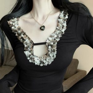 Elegant French-Style Heavy Sequined Long Sleeve T-Shirt - Autumn Winter Fashion, Stylish Short Top for a Chic Look