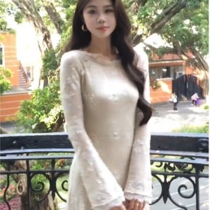 Elegant French-Style Jacquard Lace Long Sleeve Dress with Slip for Women - Perfect Early Spring Outfit