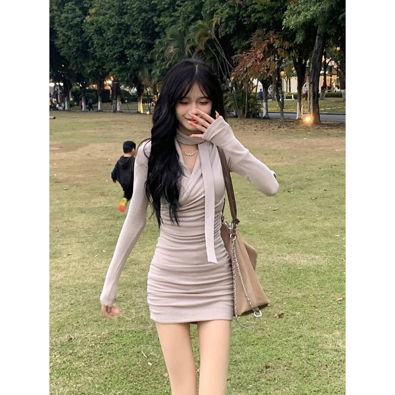 Elegant French-Style Long Sleeve Fitted Knitted Dress for Women, Waist-Cinching Bodycon Mini Skirt, Spring Fashion