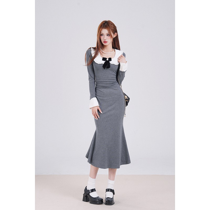 Elegant French-Style Long Sleeve Gray Doll Collar Dress for Women, Slim Fit Bodycon Skirt, Perfect for Spring Fashion