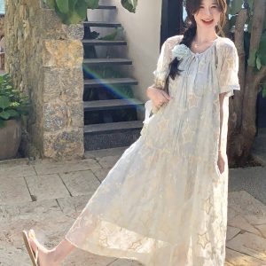 Elegant French-Style Patchwork Embroidered Dress - Short Sleeve, Waist-Cinching, Slim Fit - Summer 2025 Fashion