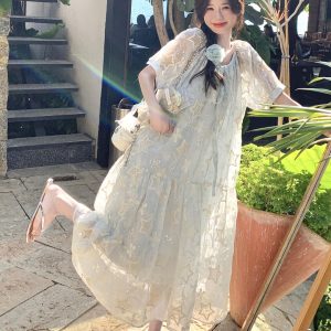Elegant French-Style Patchwork Embroidered Dress - Short Sleeve, Waist-Cinching, Slim Fit - Summer 2025 Fashion