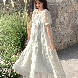 Elegant French-Style Patchwork Embroidered Dress - Short Sleeve, Waist-Cinching, Slim Fit - Summer 2025 Fashion