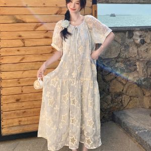 Elegant French-Style Patchwork Embroidered Dress - Short Sleeve, Waist-Cinching, Slim Fit - Summer 2025 Fashion