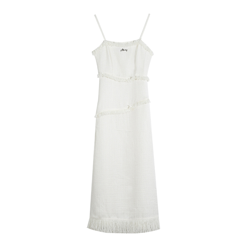 Elegant French Style Spaghetti Strap Dress with Waist-Cinching Design, Long Tassel Detail for Women - Perfect for Spring and Autumn