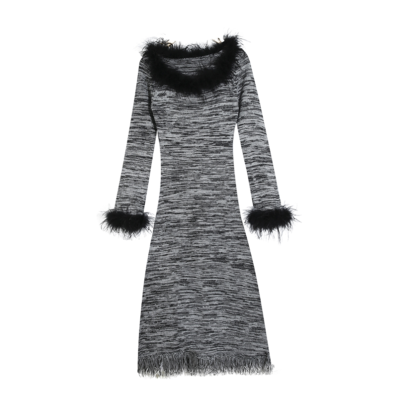Elegant Fringed Striped Long Sleeve Dress for Women - Waist-Cinching Knitted Sweater Dress for Autumn and Winter Fashion