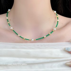 Elegant Green Cat's Eye Stone Pearl Necklace for Women - Versatile Light Luxury Clavicle Chain with Exquisite Millet Beads