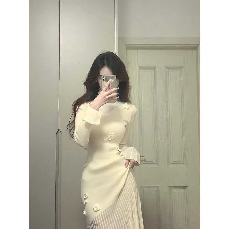 Elegant Handmade Hook Flower Knitted Dress for Women, Slim Fit Waist-Defining Long Dress for Spring & Autumn, Chic Style