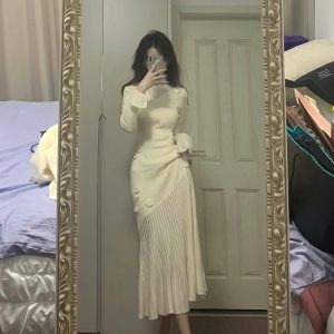 Elegant Handmade Hook Flower Knitted Dress for Women, Slim Fit Waist-Defining Long Dress for Spring & Autumn, Chic Style