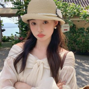 Elegant Hepburn-Style Floral Pearl Sun Hat for Women - 2025 New Model, Sun Protection Fisherman Hat, Vintage-Inspired Fashion Accessory