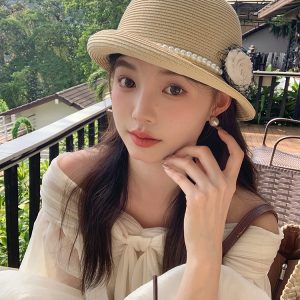 Elegant Hepburn-Style Floral Pearl Sun Hat for Women - 2025 New Model, Sun Protection Fisherman Hat, Vintage-Inspired Fashion Accessory