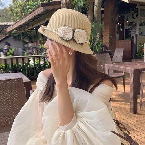 Elegant Hepburn-Style Floral Pearl Sun Hat for Women - 2025 New Model, Sun Protection Fisherman Hat, Vintage-Inspired Fashion Accessory