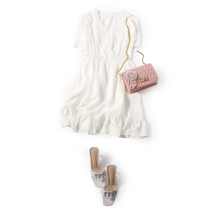 Elegant Hollow Embroidery Lace V-Neck Ruffle Casual Dress for Women - Summer 90s Inspired European Style with Elastic Waist