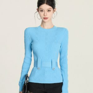 Elegant Jacquard Knitted Sweater for Women with Waist Belt - Blue/White Winter Slimming Lazy Style Top