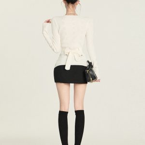 Elegant Jacquard Knitted Sweater for Women with Waist Belt - Blue/White Winter Slimming Lazy Style Top