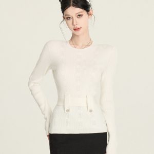 Elegant Jacquard Knitted Sweater for Women with Waist Belt - Blue/White Winter Slimming Lazy Style Top
