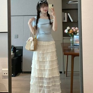 Elegant Layered White Midi Skirt for Summer - Flattering Half-Length Cake Skirt, Sweet and Delicate Style