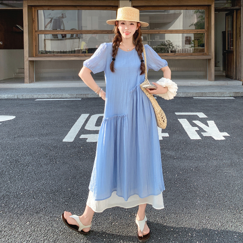Elegant Long Blue Fake Two-Piece Dress for Women - French Style Vacation Dress 2025 Summer Collection