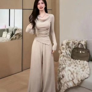 Elegant Off-Shoulder Long Sleeve Top & Wide-Leg Pants Two-Piece Set for Women - French Style Casual Autumn Winter Outfit