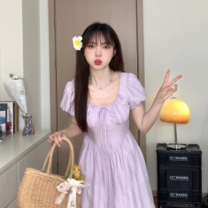 Elegant Purple Waist-Defining Slimming Short Sleeve Dress - Sweet Momo Summer Collection, Perfect for 90s and Y2K Inspired Looks