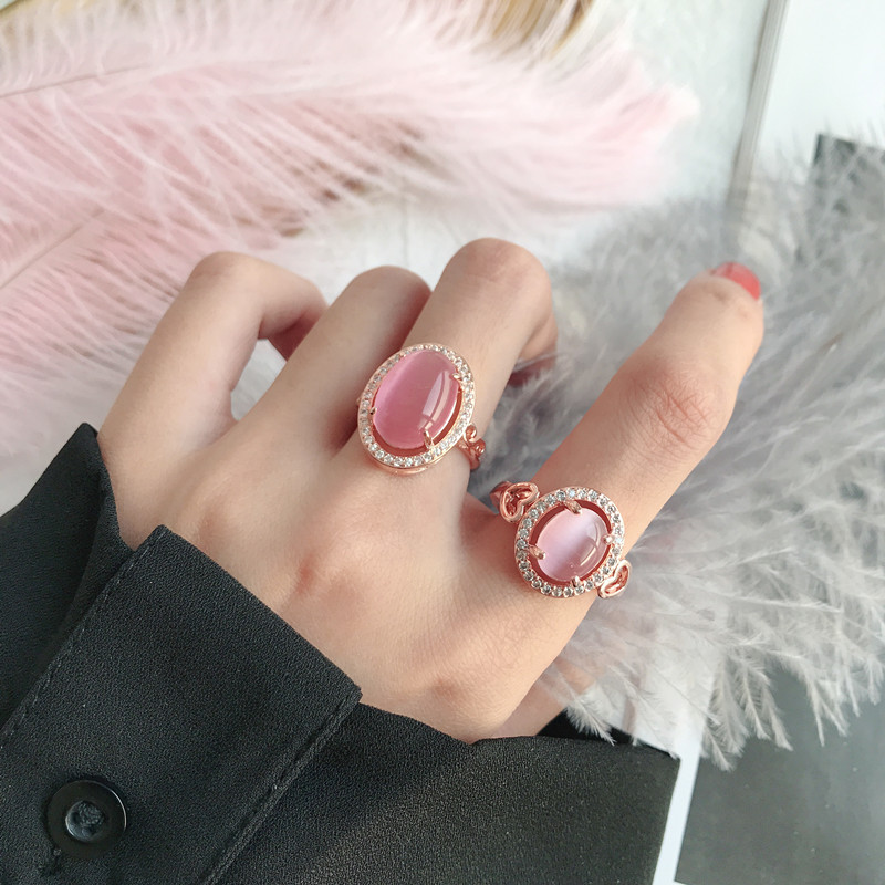 Elegant Rose Gold Hibiscus Stone Open Ring with Imitation Pink Crystal Inlay for Women - Fashionable Floral Index Finger Jewelry