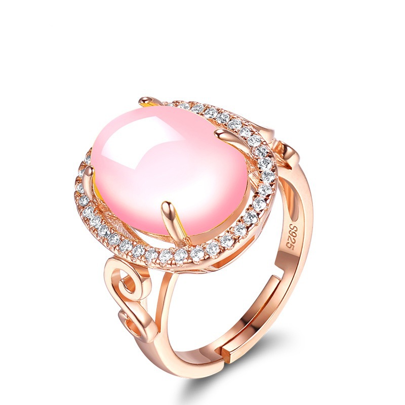 Elegant Rose Gold Hibiscus Stone Open Ring with Imitation Pink Crystal Inlay for Women - Fashionable Floral Index Finger Jewelry