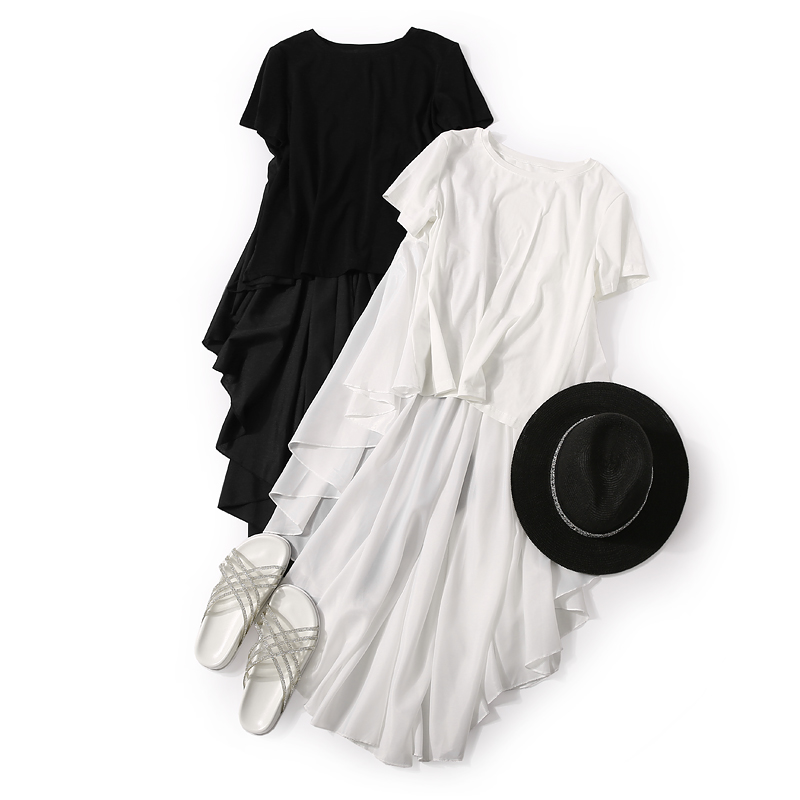 Elegant Round Neck Spliced Pleated Tail Short Sleeve T-Shirt for Women - 2025 Summer Fashion, Casual Chic Style
