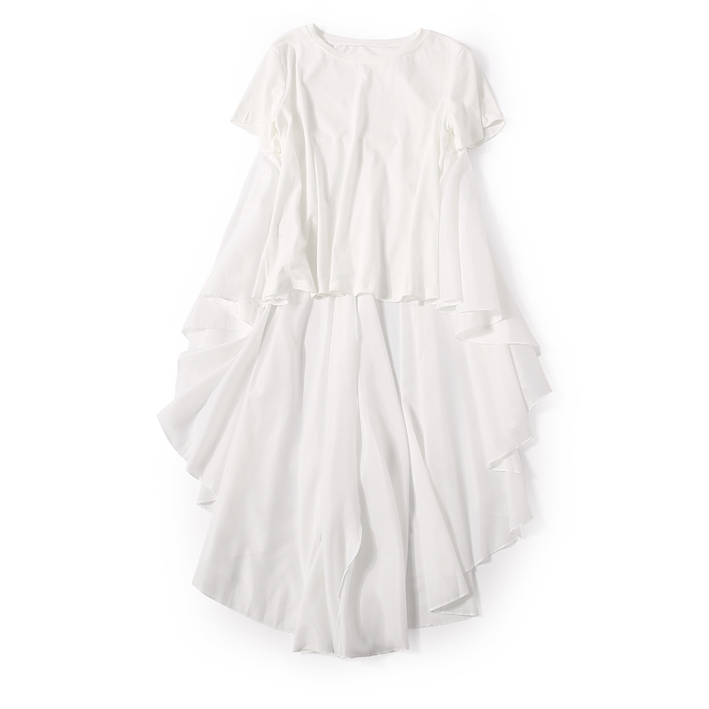 Elegant Round Neck Spliced Pleated Tail Short Sleeve T-Shirt for Women - 2025 Summer Fashion, Casual Chic Style