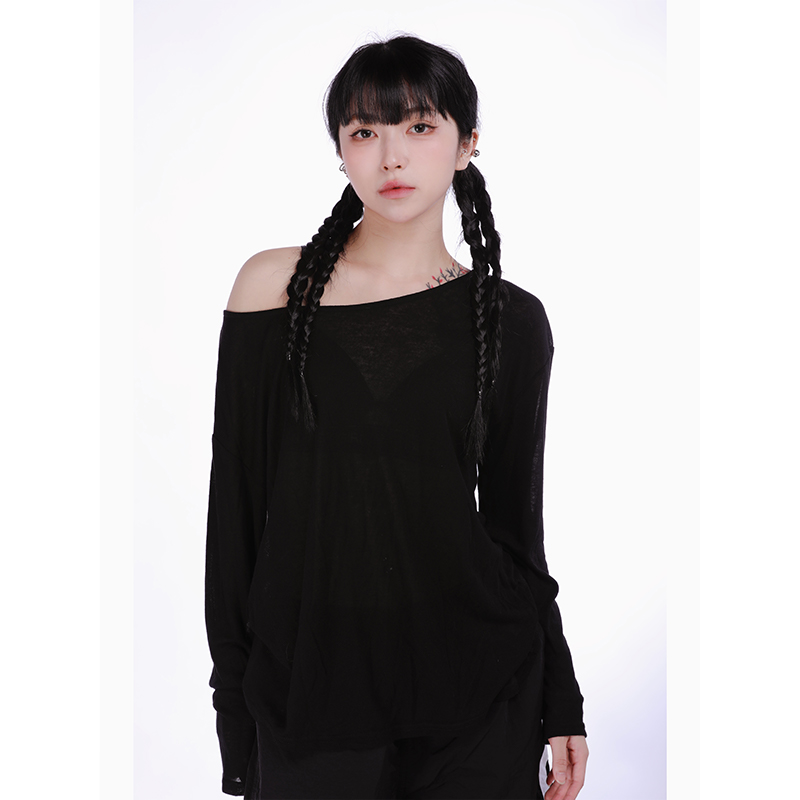 Elegant Sheer Black Long Sleeve Cover-Up Top for Women - Summer Lazy Style Round Neck Dancing Fashion