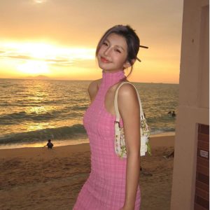 Elegant Shoulder-Cut Dress for Women - Thigh Texture, Hanging Neck Design, Spring/Summer Short Skirt, Chic & Stylish